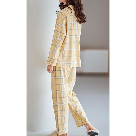 100% Cotton Women Pajama Set 2Pcs Long Sleeve Sleepwear Button Down Yellow Plaid - Picture 5 of 9